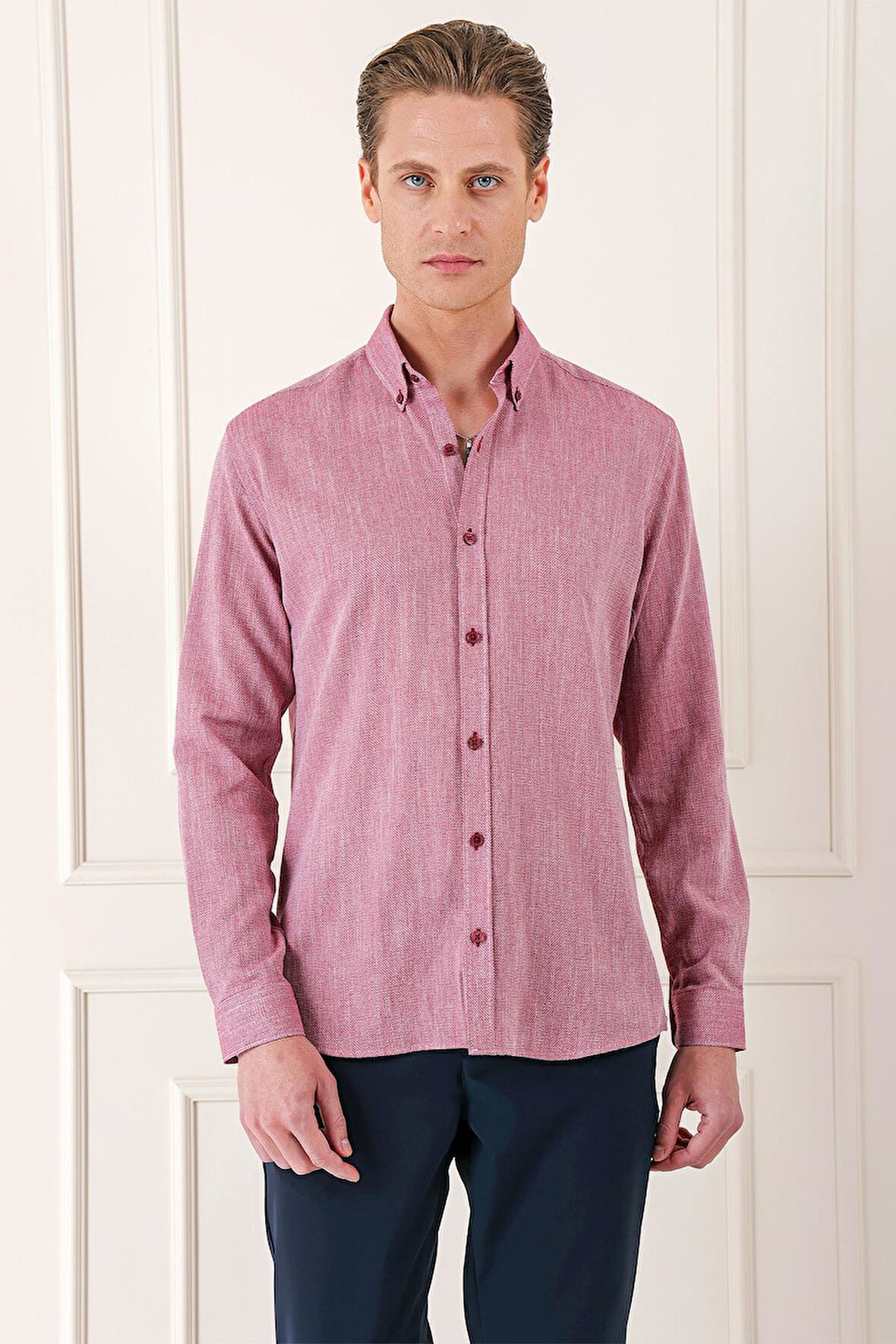 Gk 723 Slim Fit Düğmeli Yaka %100 Pamuk Klasik Bordo Gömlek