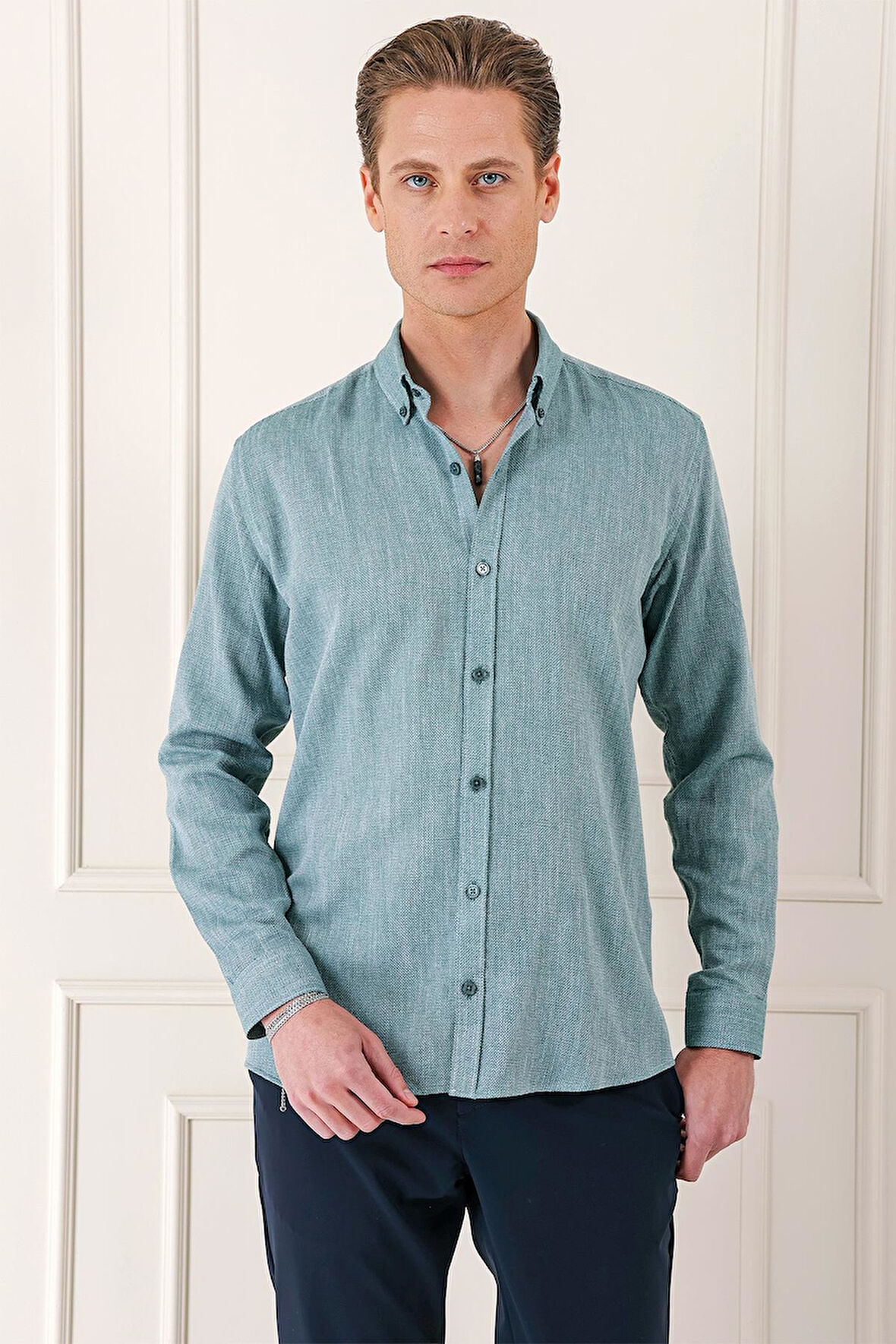 Gk 723 Slim Fit Düğmeli Yaka %100 Pamuk Klasik Yeşil Gömlek