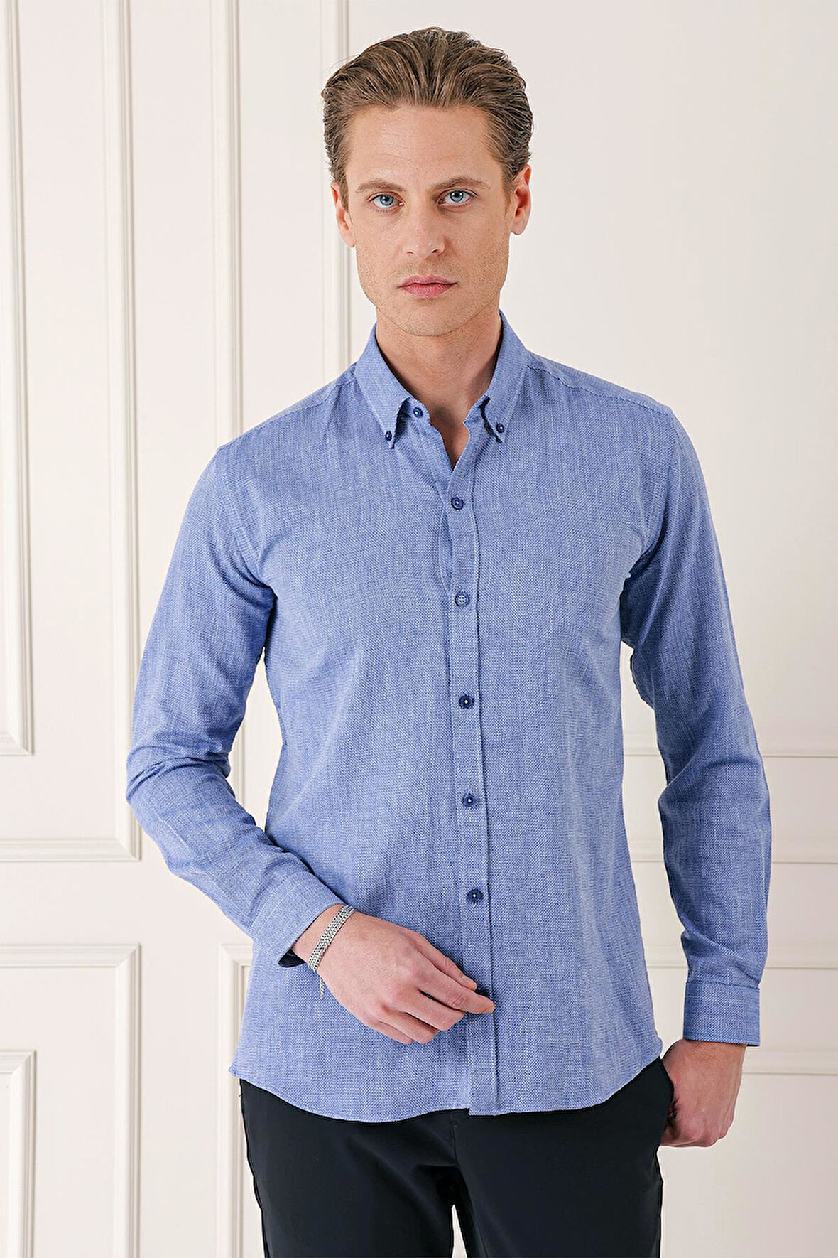 Gk 723 Slim Fit Düğmeli Yaka %100 Pamuk Klasik Koyu Mavi Gömlek