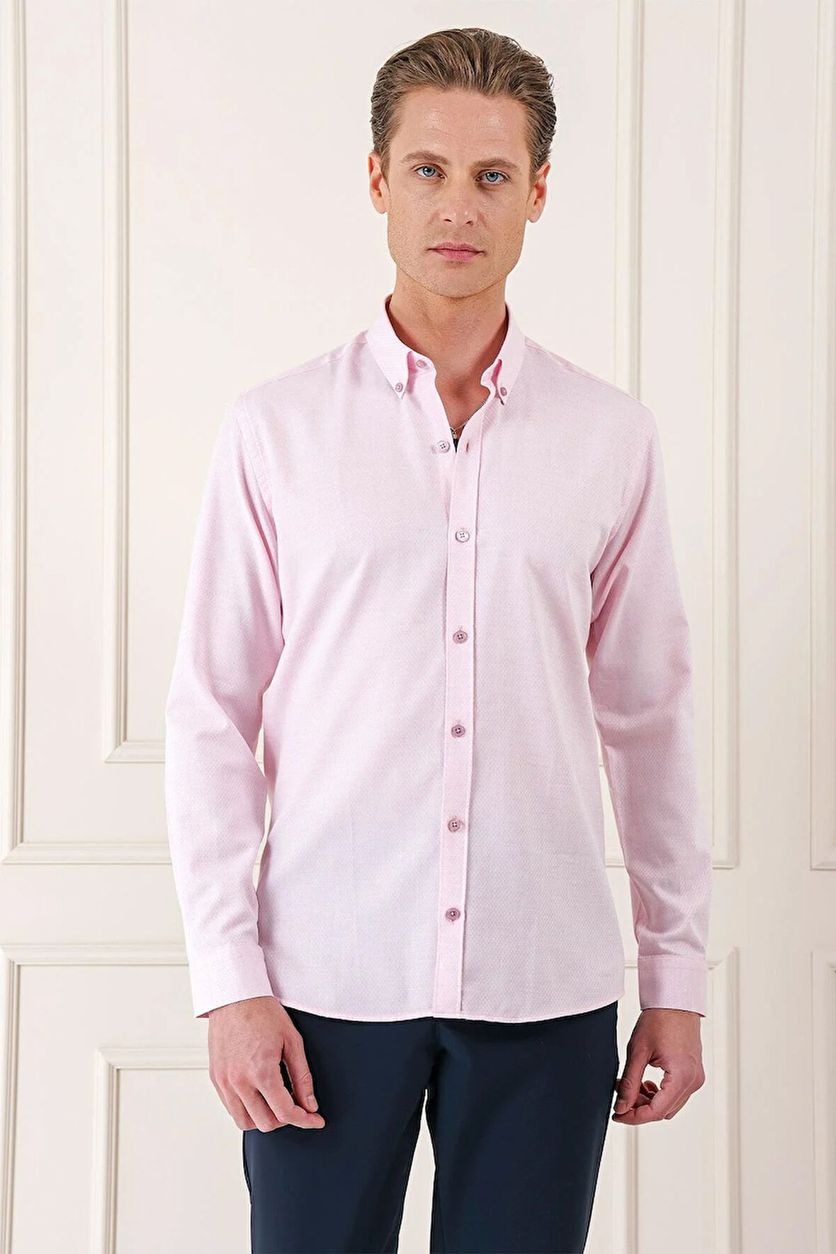 Gk 724 Slim Fit Düğmeli Yaka Dokulu %100 Pamuk Klasik Pudra Gömlek