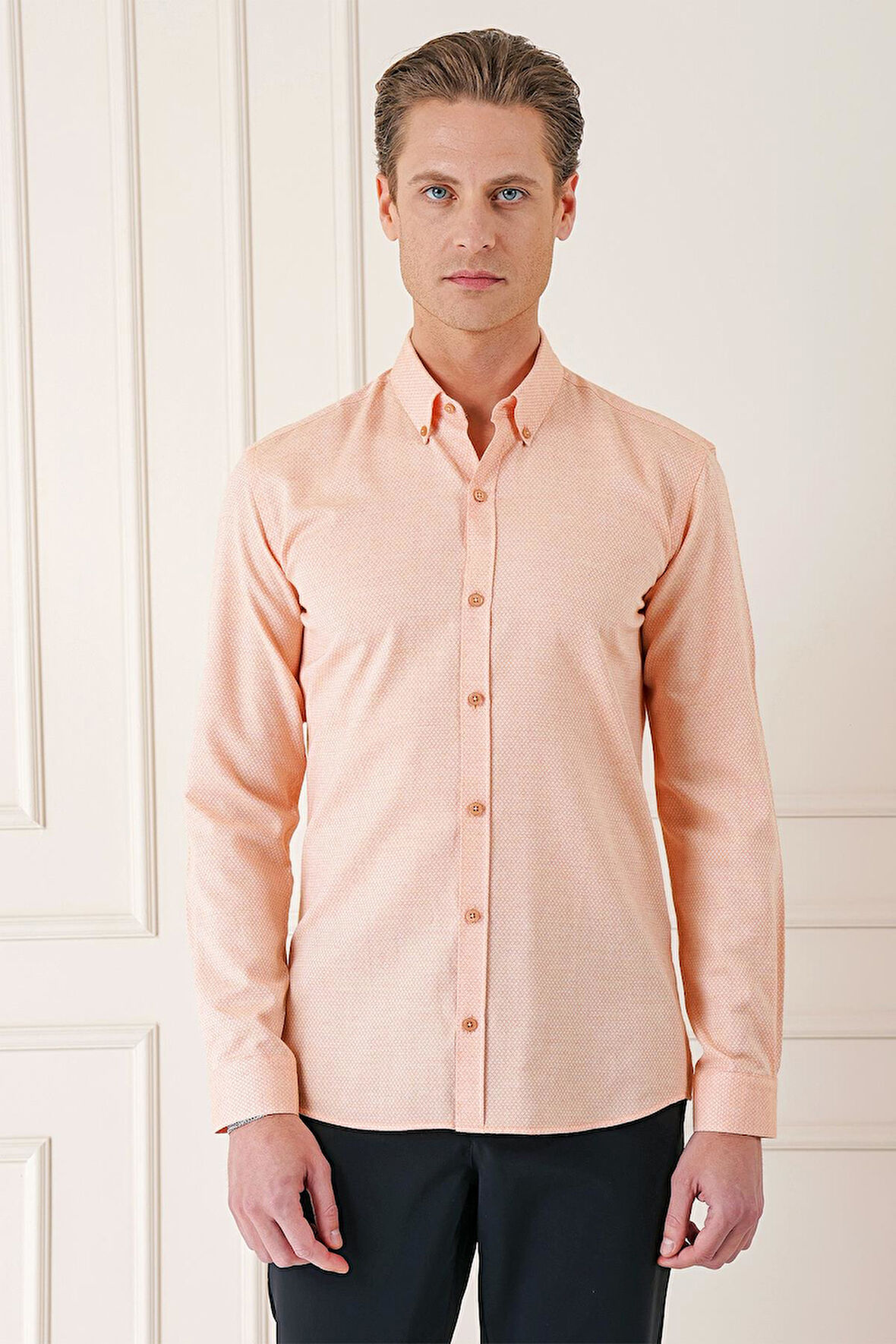 Gk 724 Slim Fit Düğmeli Yaka Dokulu %100 Pamuk Klasik Somon Gömlek