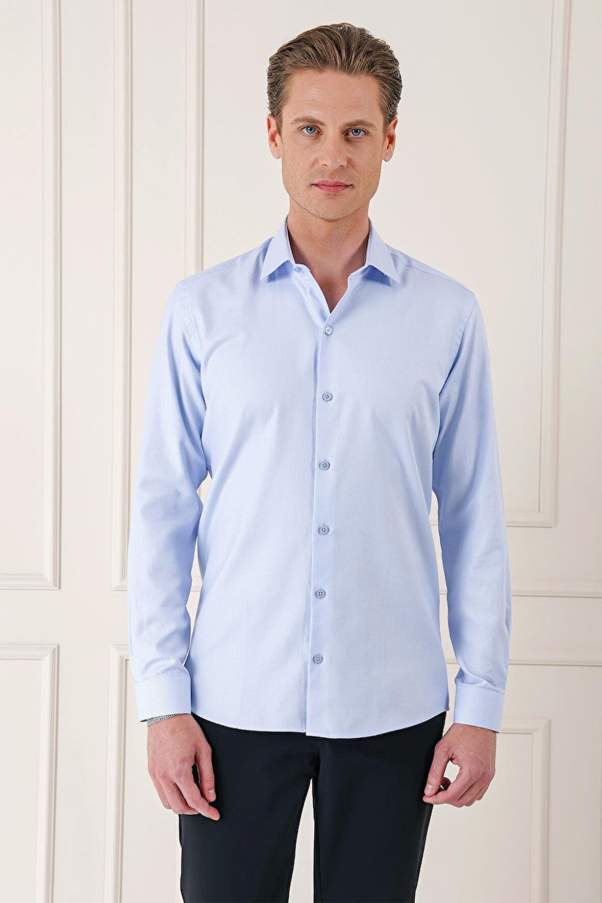 Gk 725 Slim Fit Dokulu %100 Pamuk Klasik Mavi Gömlek