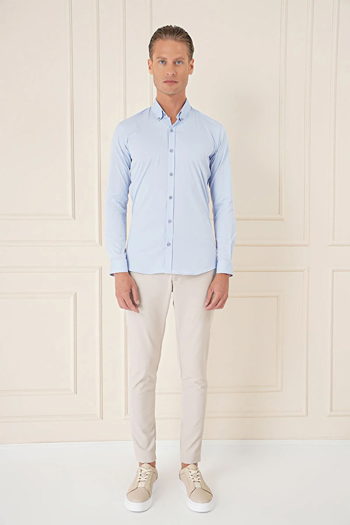 Gk 727 Slim Fit Düğmeli Yaka Esnek Pamuk Klasik Mavi Gömlek