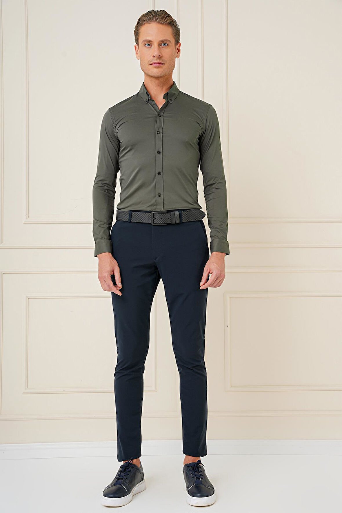 Gk 727 Slim Fit Düğmeli Yaka Esnek Pamuk Klasik Haki Gömlek