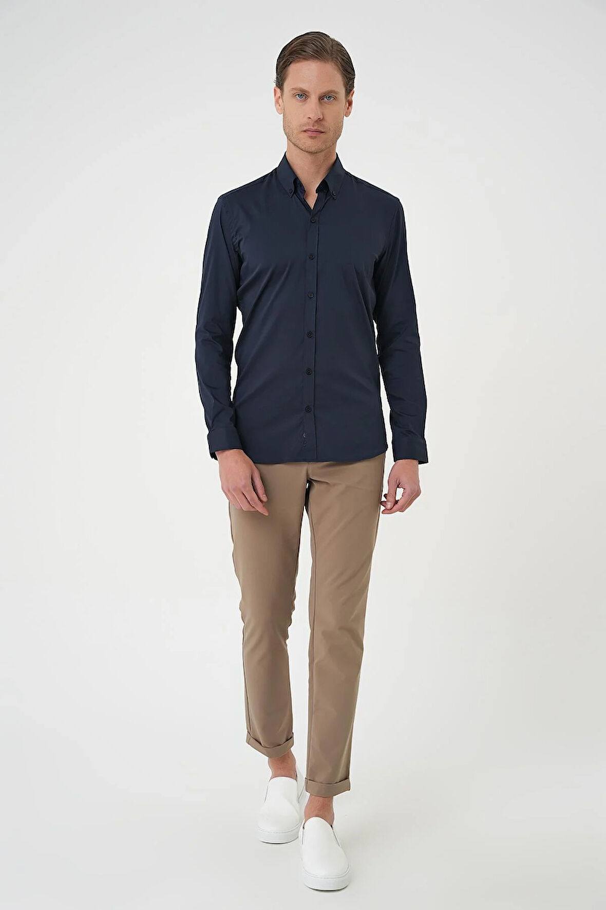 Gk 727 Slim Fit Düğmeli Yaka Esnek Pamuk Klasik Lacivert Gömlek