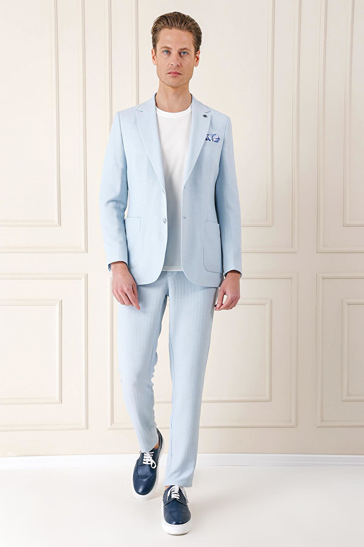 C 672 Comfort Fit Çift Yırtmaç Balıksırtı Dokuma Pamuk Casuel Mavi Ceket