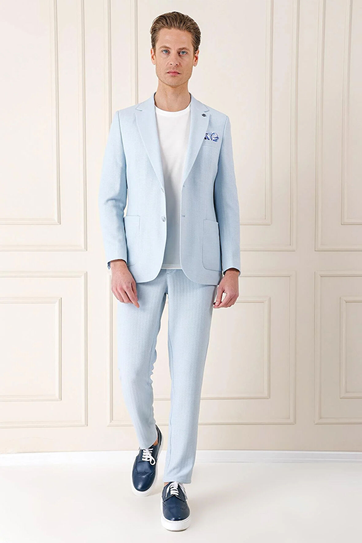 C 672 Comfort Fit Çift Yırtmaç Balıksırtı Dokuma Pamuk Casuel Mavi Ceket