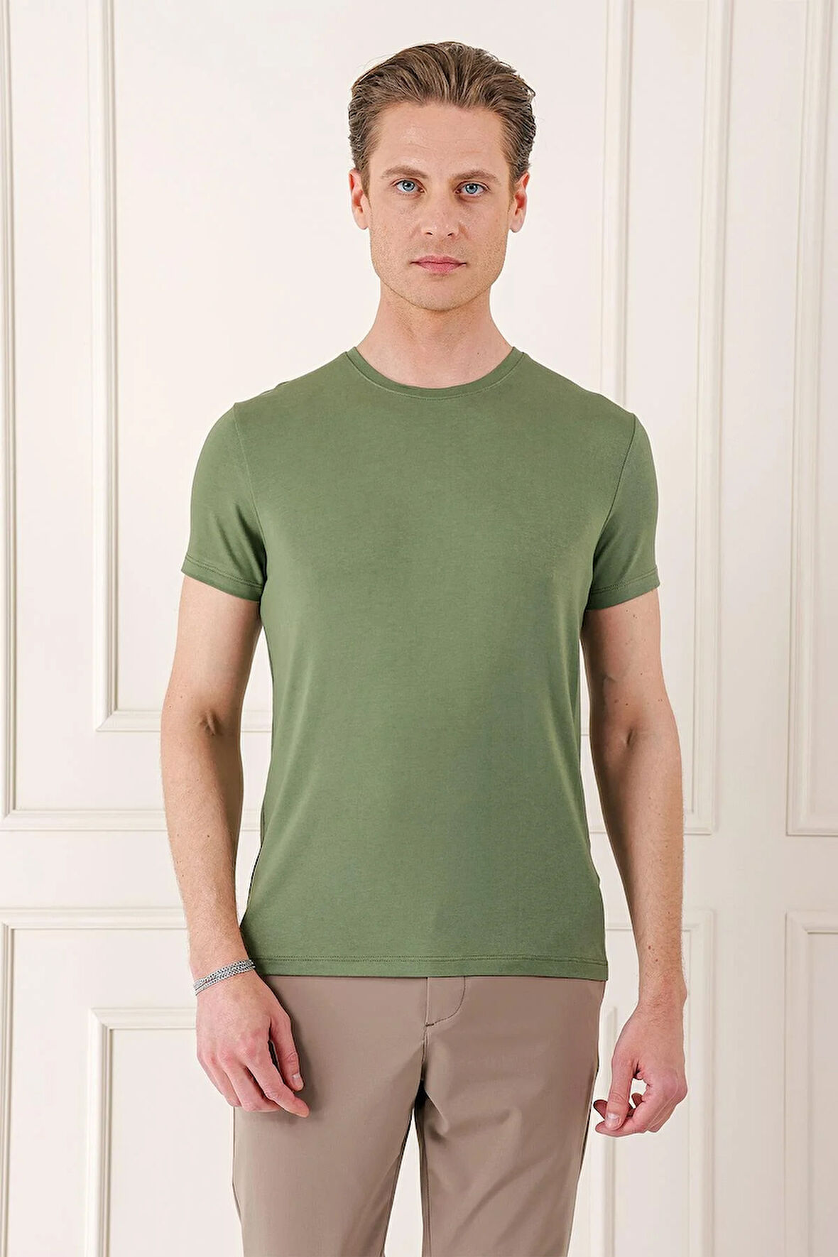 Ts 823 Slim Fit Bisiklet Yaka Düz Pamuklu Haki Tişört