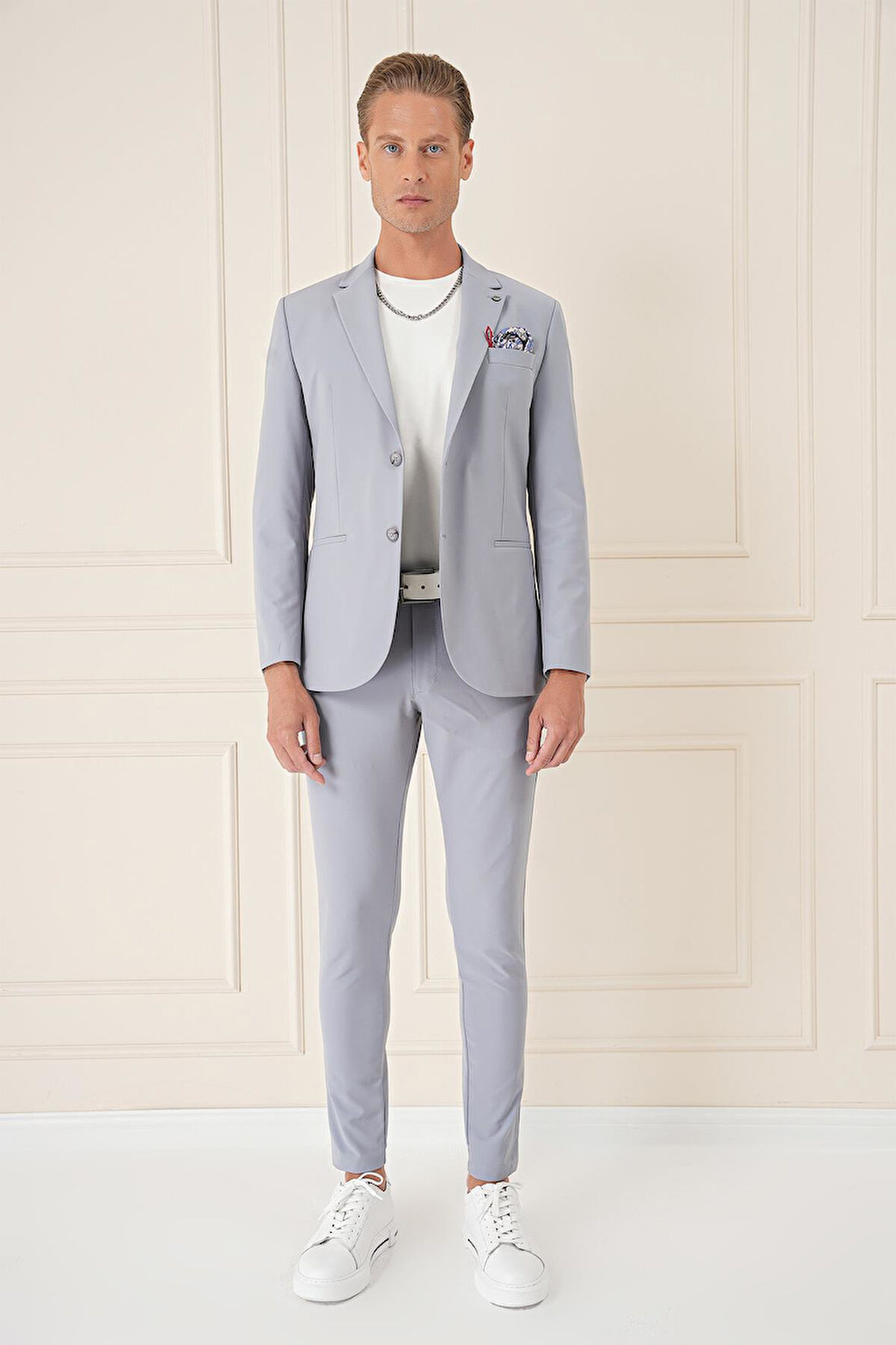 C 675 Comfort Fit Çift Yırtmaç Fleto Cep Esnek Pamuk Casuel Gri Mavi Ceket