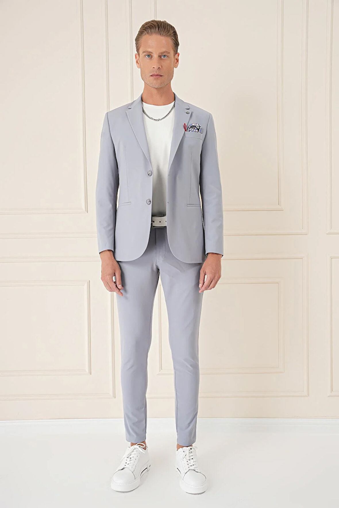 C 675 Comfort Fit Çift Yırtmaç Fleto Cep Esnek Pamuk Casuel Gri Mavi Ceket