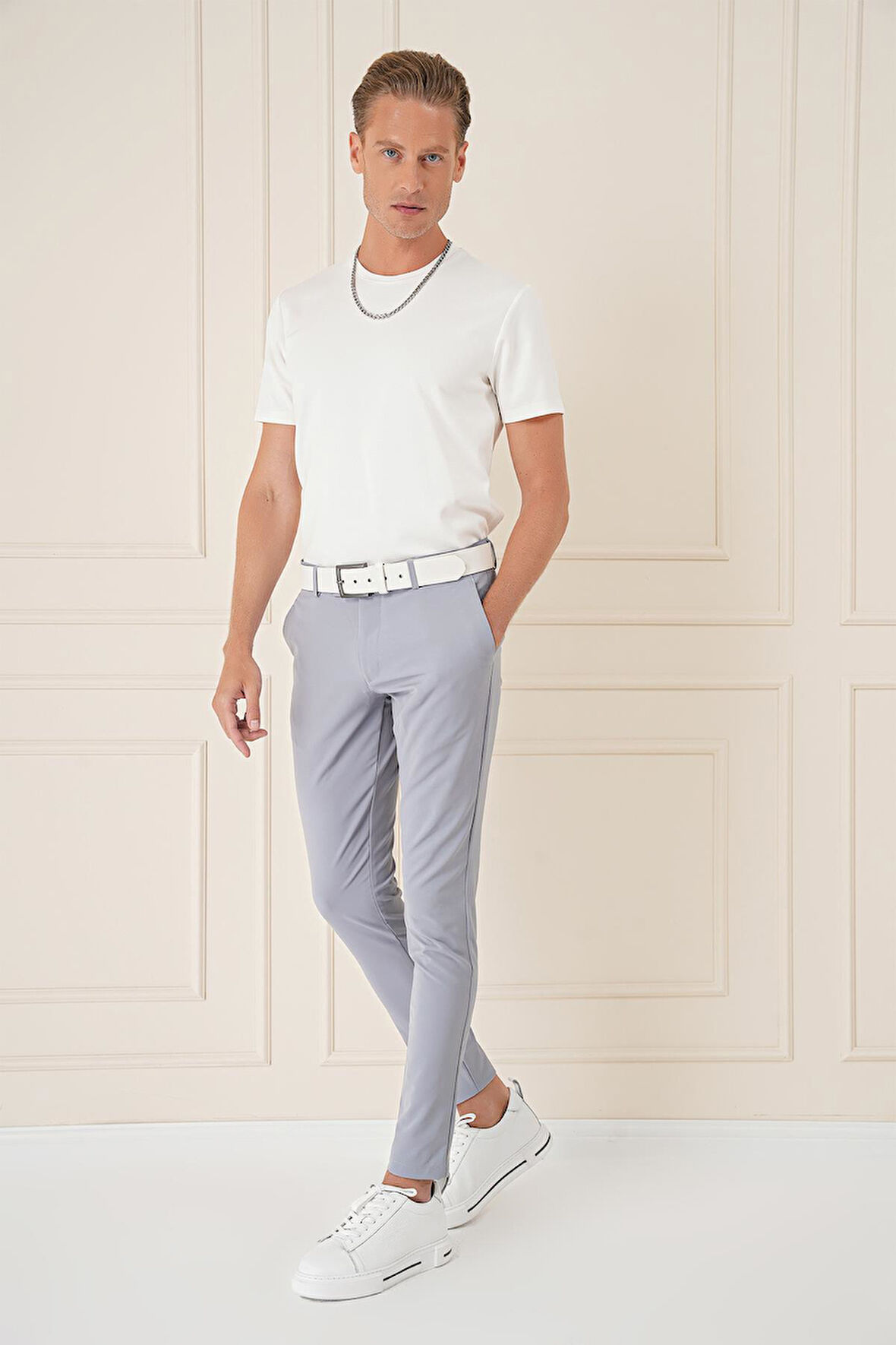 P 1144 Slim Fit Yan Cepli Düz Esnek Casuel Gri Mavi Pantolon