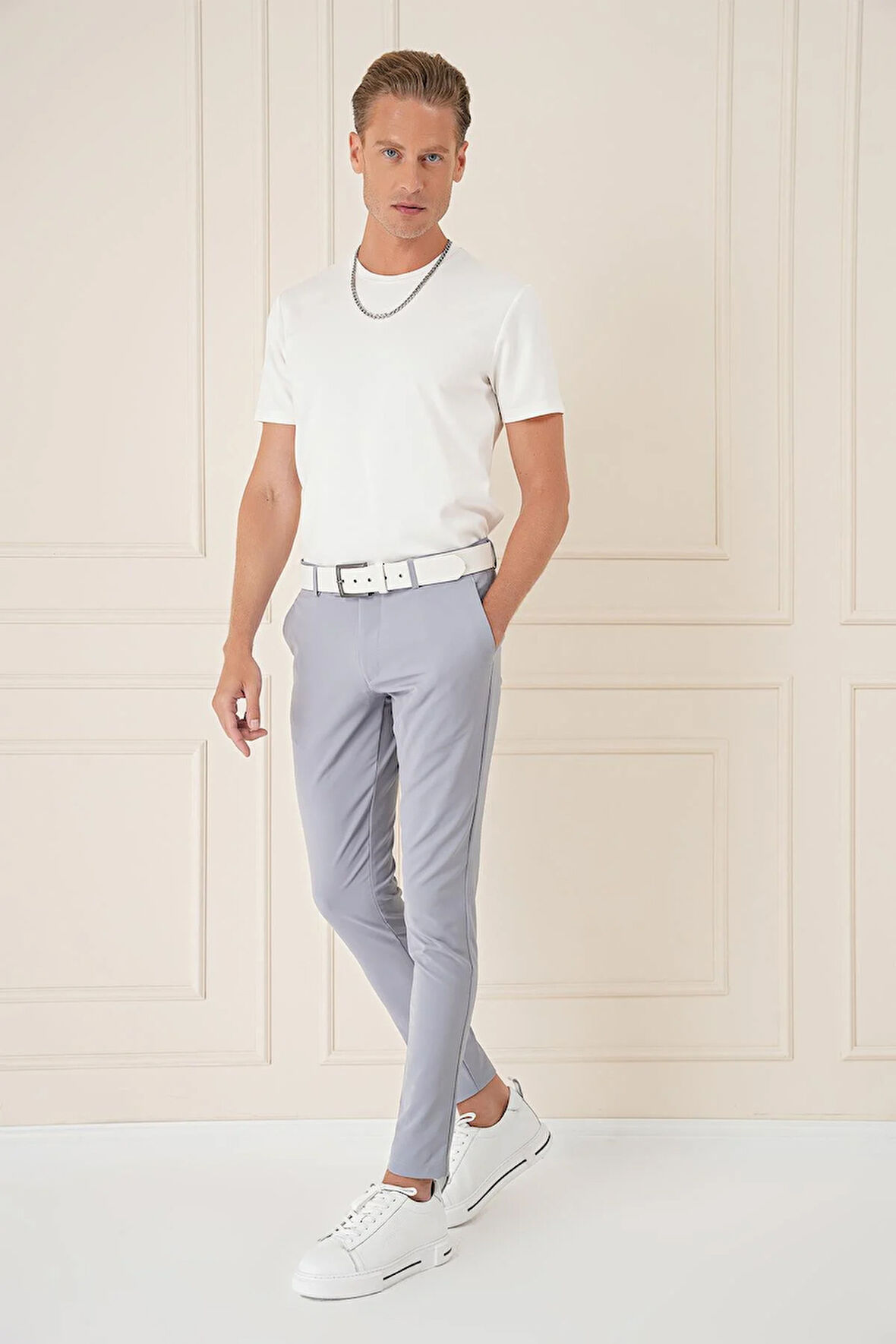 P 1144 Slim Fit Yan Cepli Düz Esnek Casuel Gri Mavi Pantolon