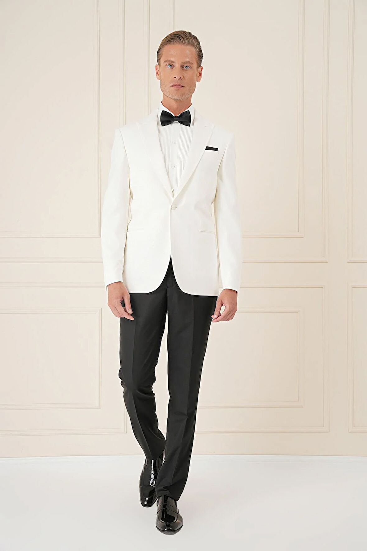 Black 035 Slim Fit Saten Yaka Çift Yırtmaçlı Tek Düğmeli Krem Damatlık Smokin Ceket