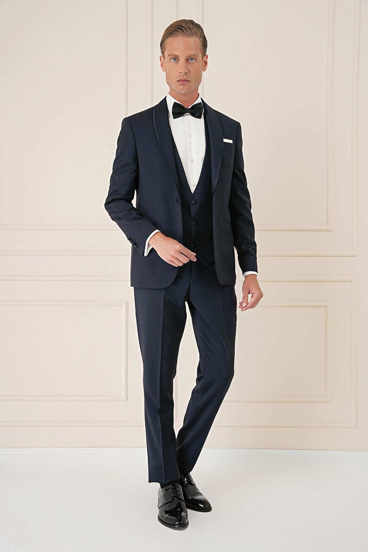 Black 078 Slim Fit Çıkma Saten Yaka Cerutti Kumaş Yelekli Lacivert Damatlık Smokin Takım