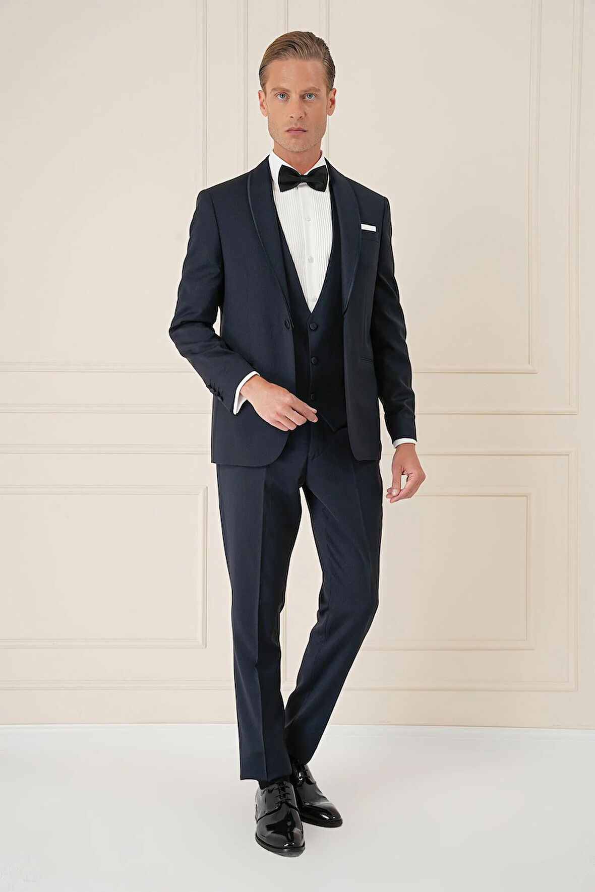 Black 078 Slim Fit Çıkma Saten Yaka Cerutti Kumaş Yelekli Lacivert Damatlık Smokin Takım