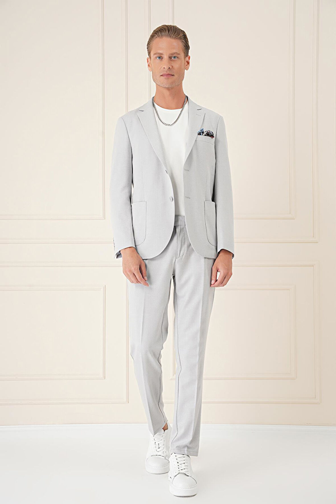 C 676 Comfort Fit Torba Cep Dokulu Esnek Pamuk Casuel Gri Mavi Ceket