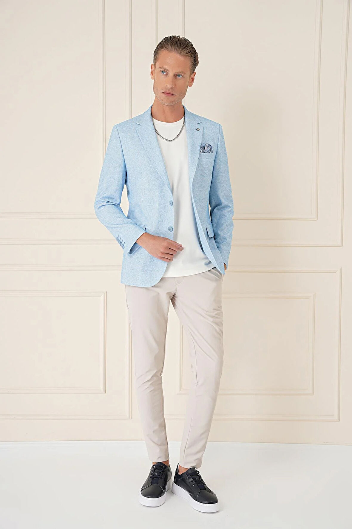 C 677 Comfort Fit Çift Yırtmaç Kırçıllı Keten Casuel Mavi Ceket