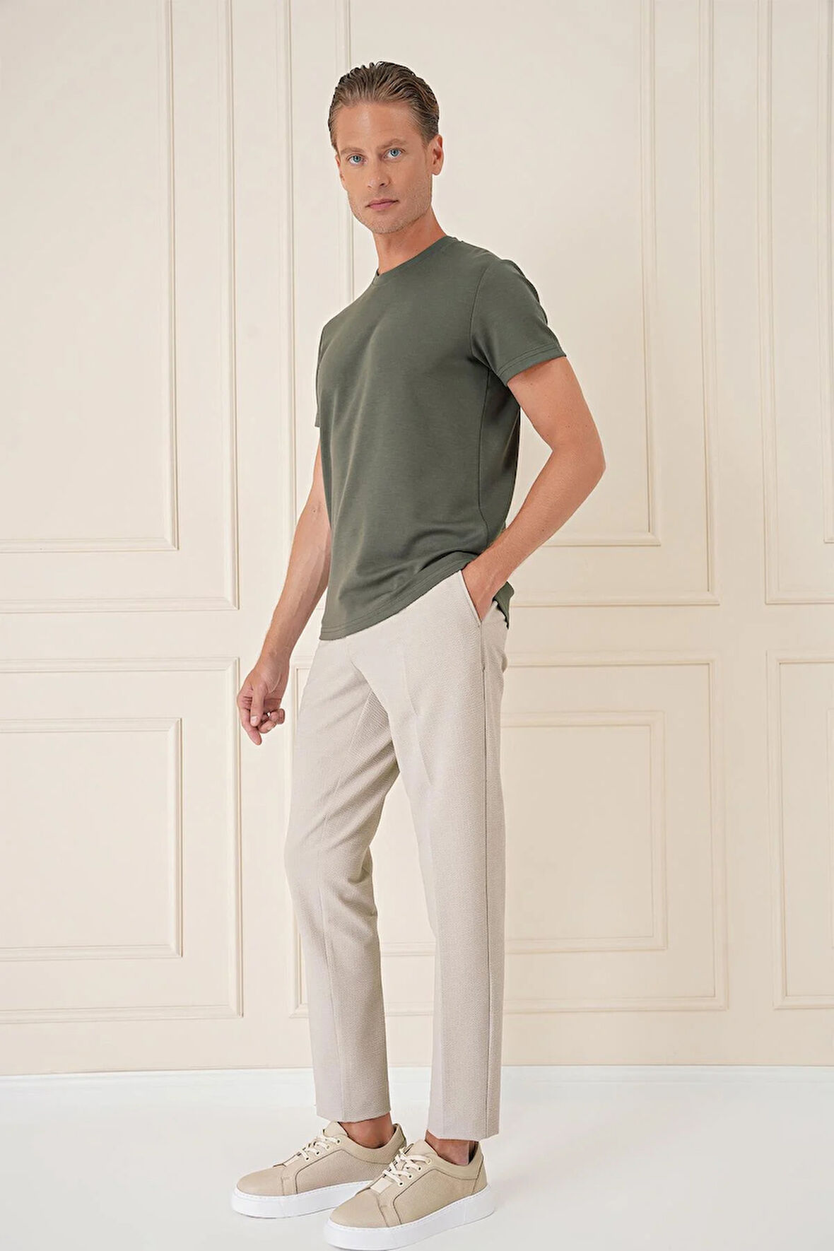 Ts 885 Comfort Fit Bisiklet Yaka Esnek Pamuk Casuel Haki Tişört