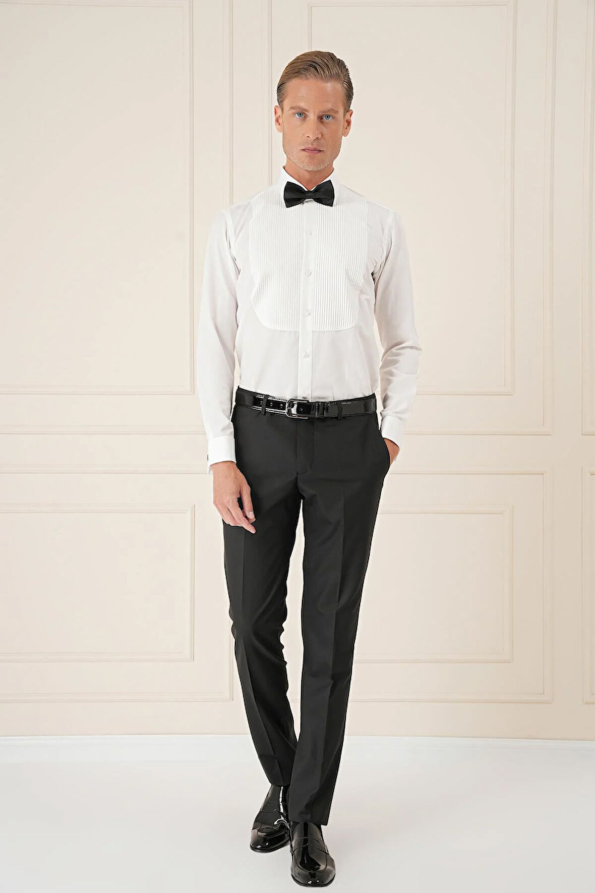 Gk 732 Slim Fit Duble Manşet Klasik Yaka Piliseli Beyaz Damatlık Smokin Gömlek 