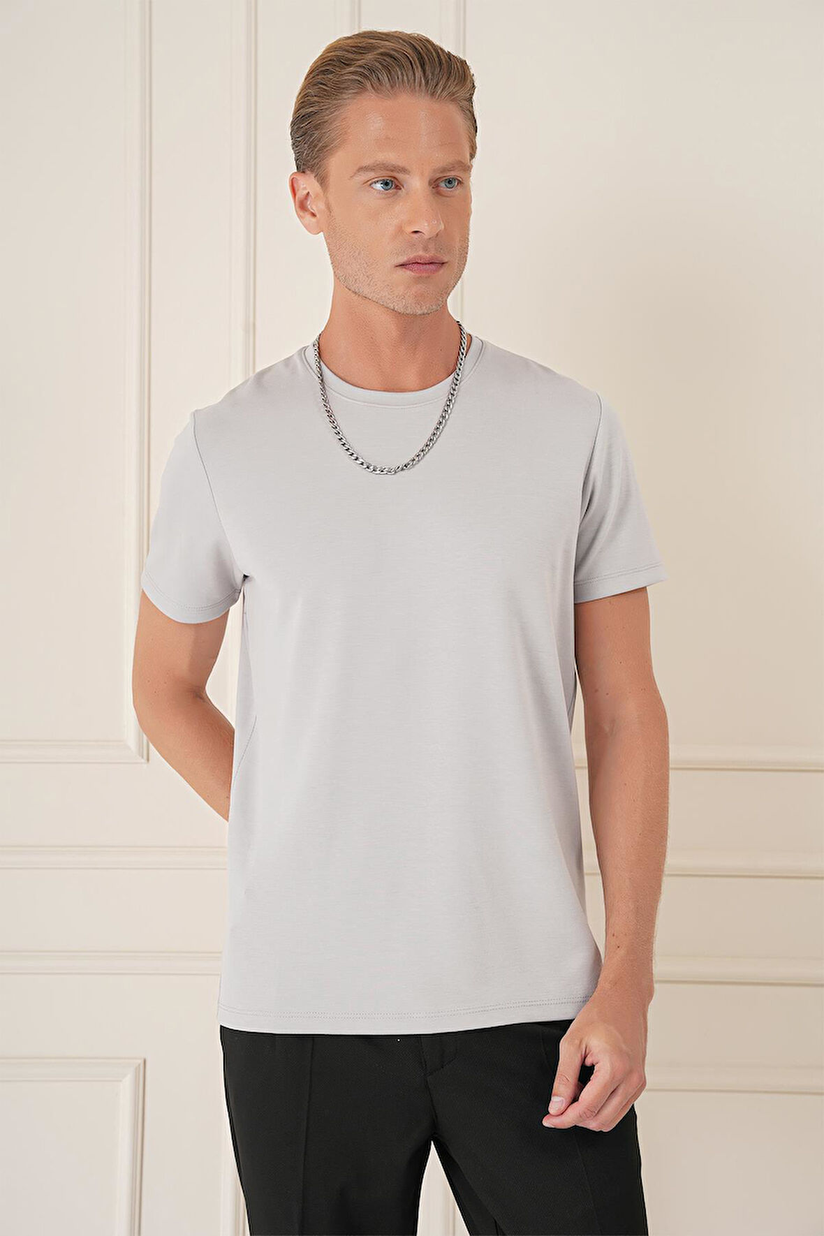 Comfort Fit Bisiklet Yaka Esnek Pamuk Casual Gri Tişört Ts 885