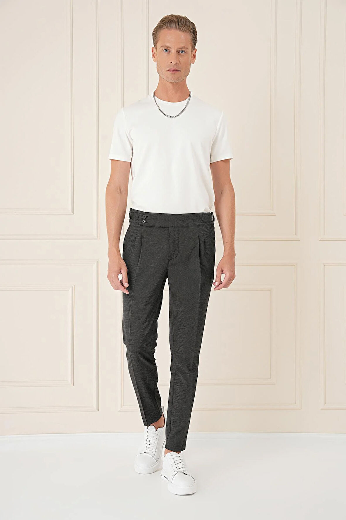 P 1160 Yandan Tokalı Çift Pileli Esnek Pamuk Siyah Pantolon