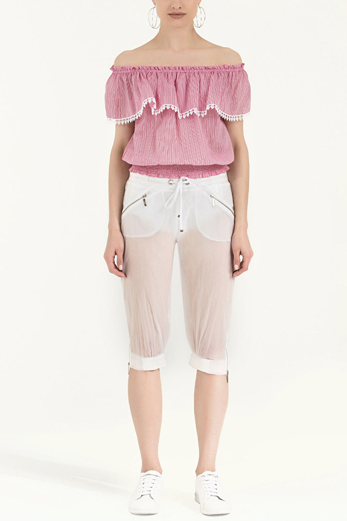 Beyaz Bol kesim capri pantolon 70039 | 40