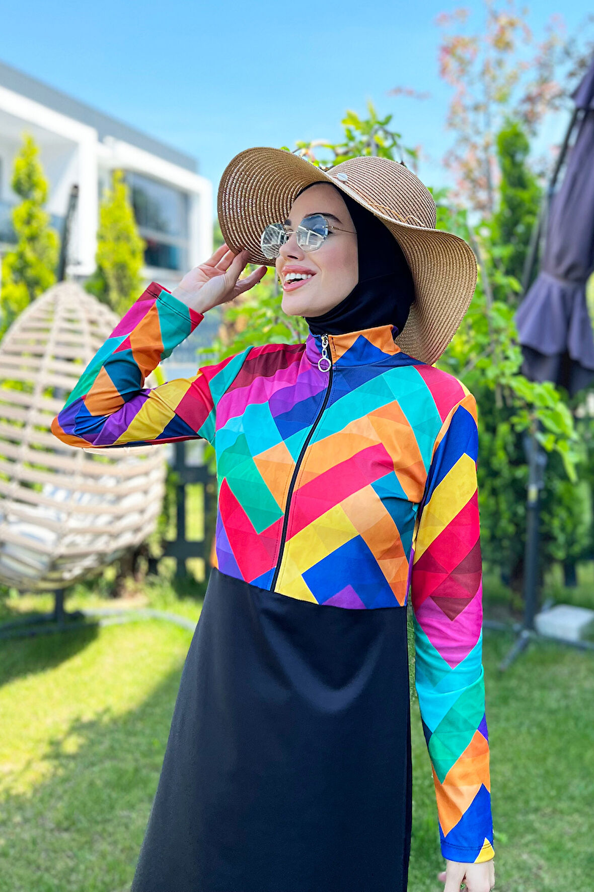 Yarım Fermuarlı Likralı Tam Kapalı Mayo R4503 Tetris | XL