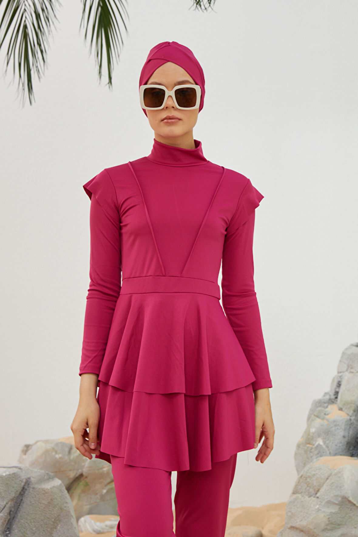 Likralı Tam Kapalı Tesettür Mayo Deniz Mayosu Fırfır Detaylı T223-46 Fuşya | 44