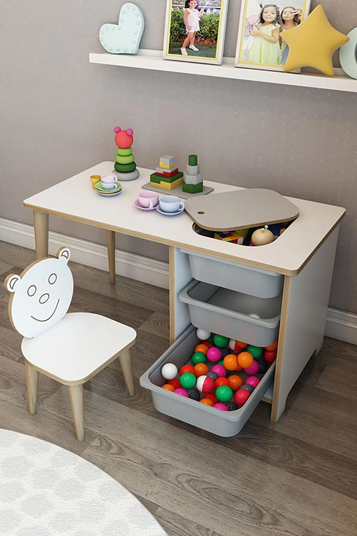 Çocuk Çalışma Masası Oyun Ve Etkinlik Masası Yaz Sil Aktivite Masa Sandalyeli Gri