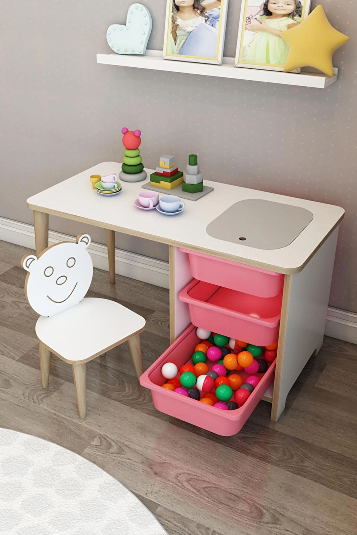 Çocuk Çalışma Masası Oyun Ve Etkinlik Masası Yaz Sil Aktivite Masa Sandalyeli Pembe