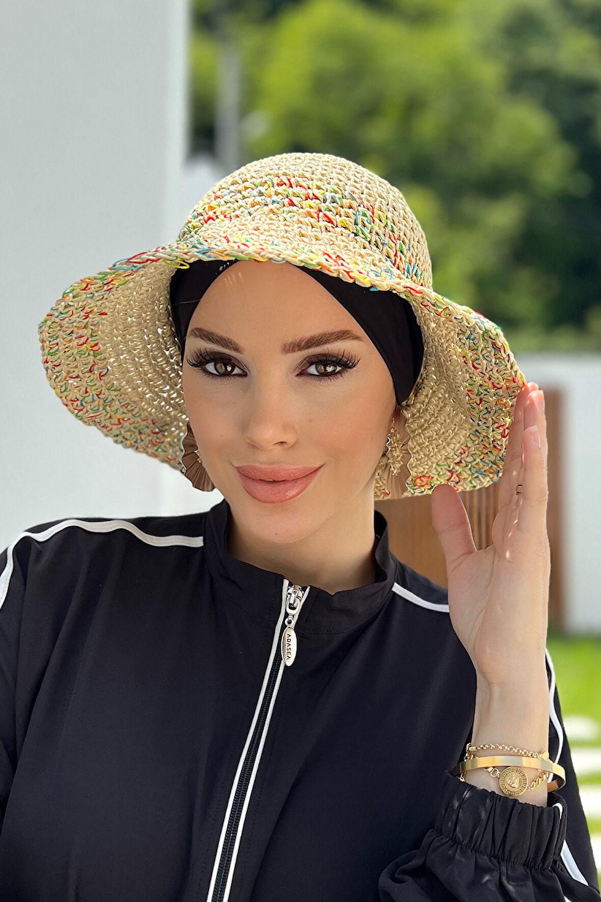 Renk Detaylı El Örgü Hasır Şapka RŞ-86 Bej | Standart