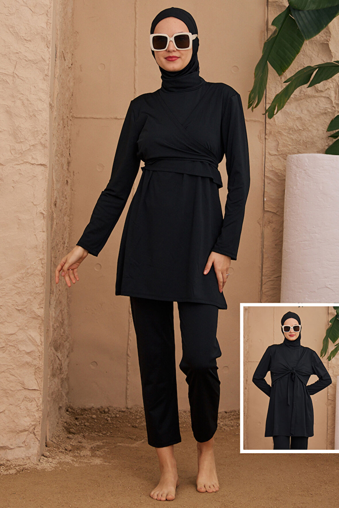Likralı Tam Kapalı Kelebek Kruvaze Tesettür Mayo 4024 Siyah | 40