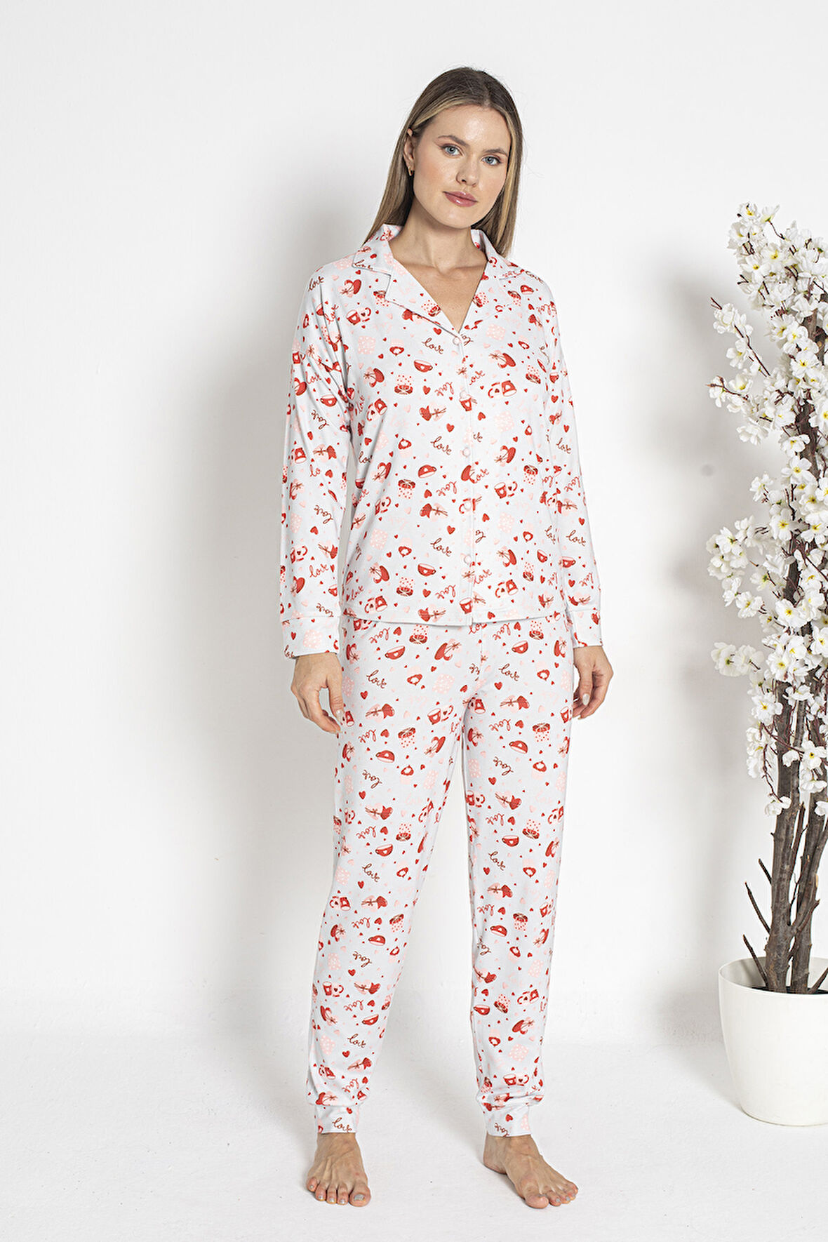 Kadın Termal Önü Düğmeli Pijama Takımı 24495 Ekru | XL