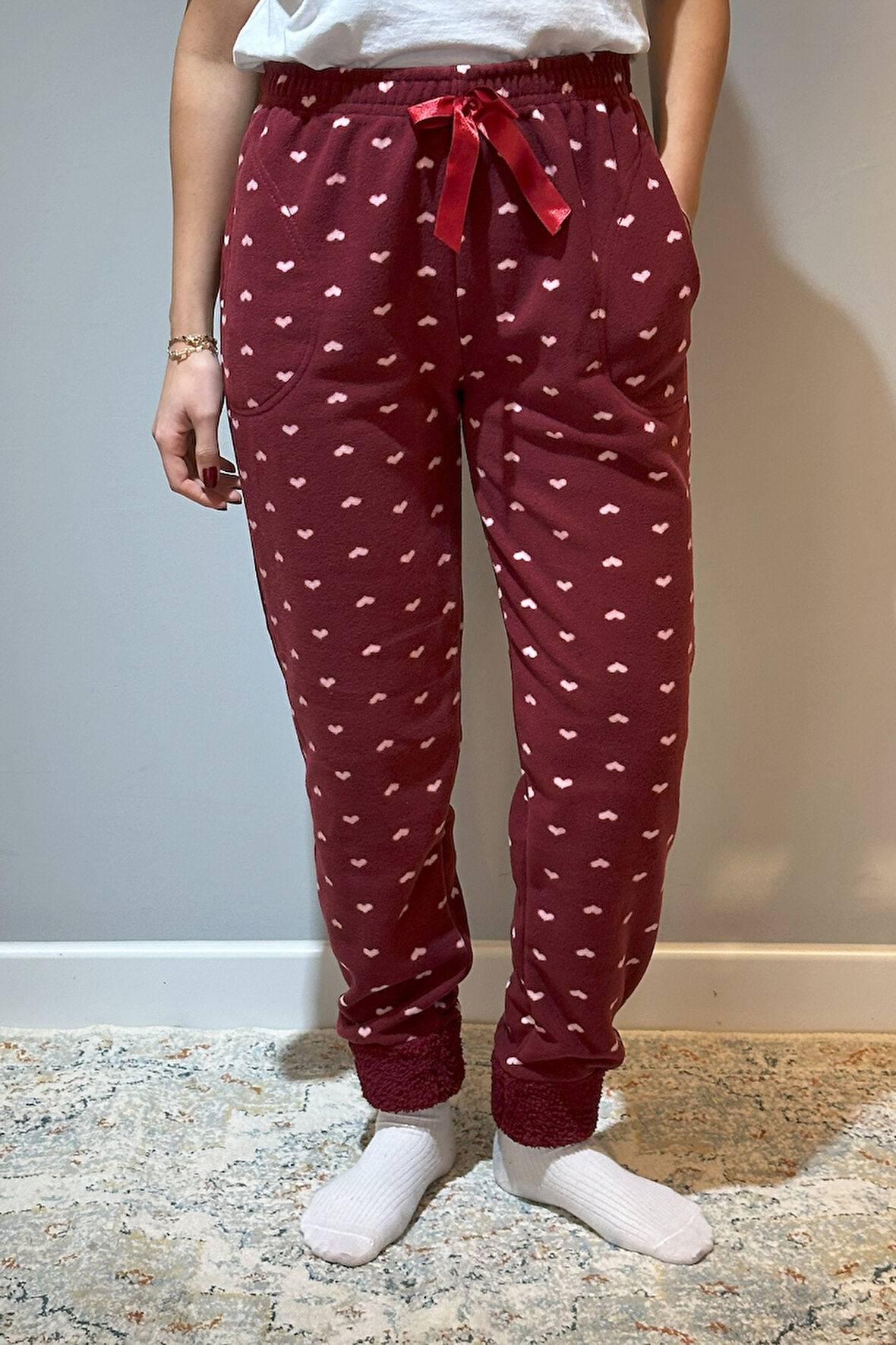 Kadın Polar Manşetli Pijama Tek Alt Kalp 130 Bordo | S