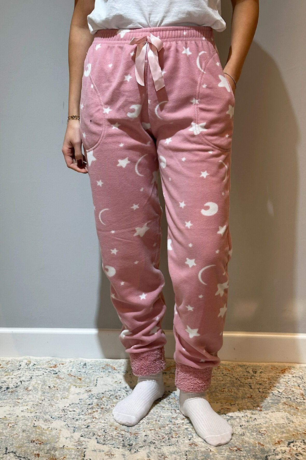 Kadın Polar Manşetli Pijama Tek Alt Yıldız 130 Pudra | M