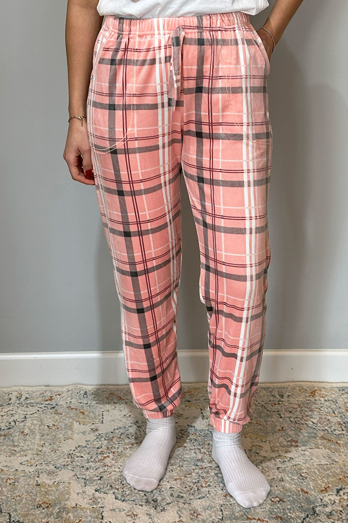 Kadın Kadife Tek Alt 140 Ekose Pudra | XL