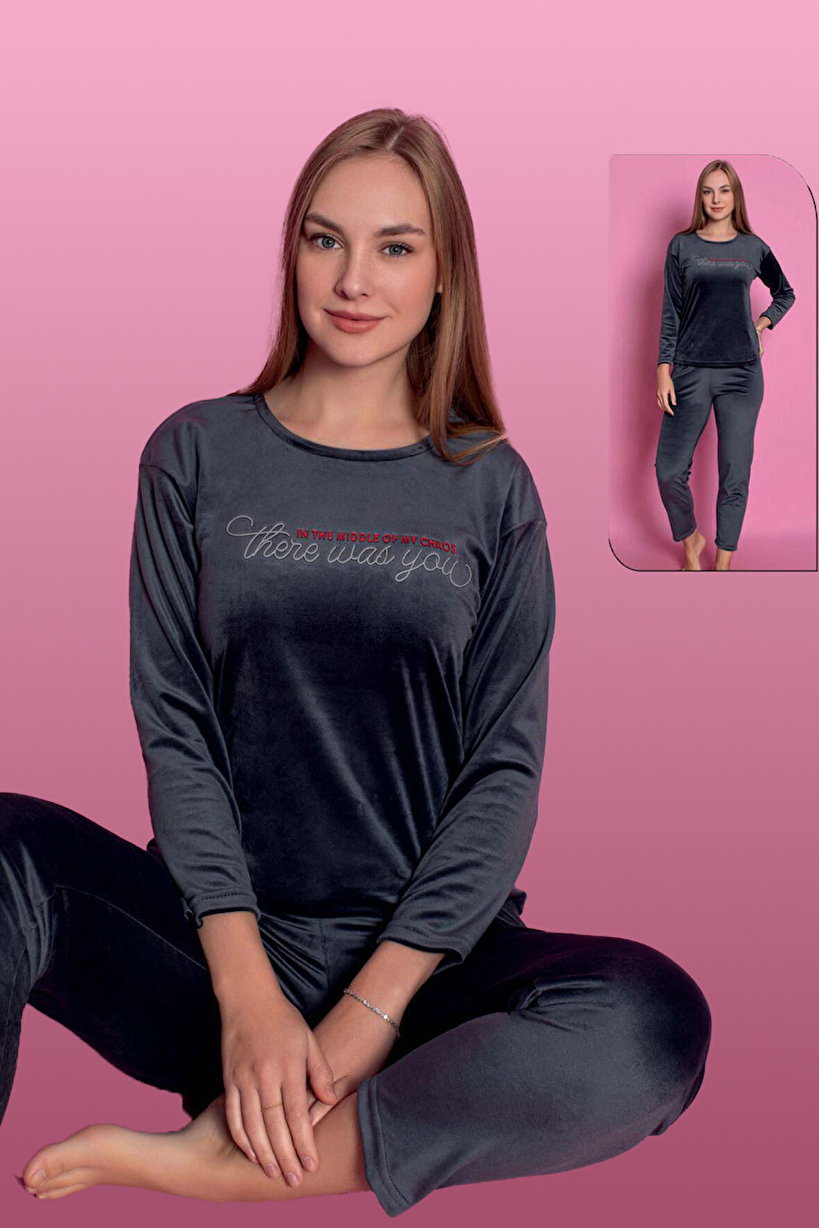 Kadife Kadın Pijama Takımı 25500-75 Antrasit | XXL