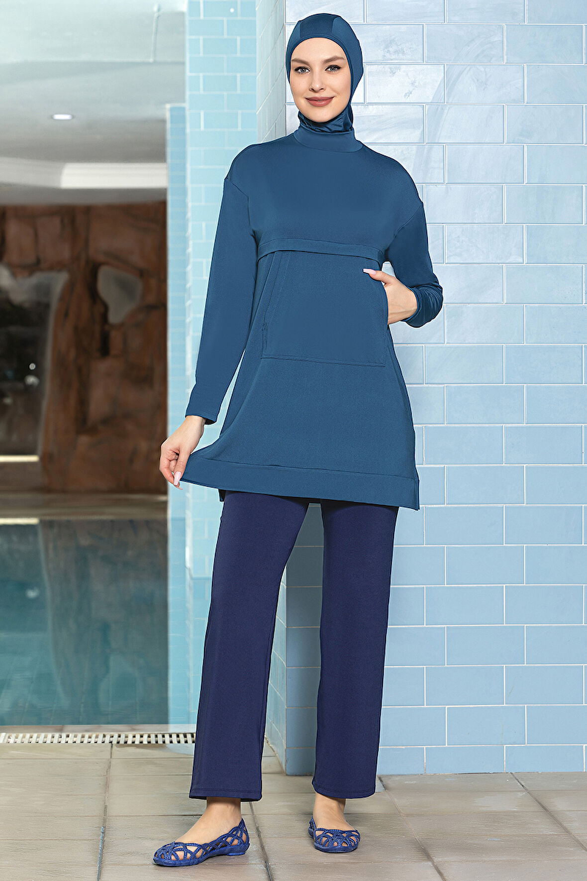 Önü Cepli Likralı Tam Kapalı Tesettür Mayo 1254 Petrol | 40