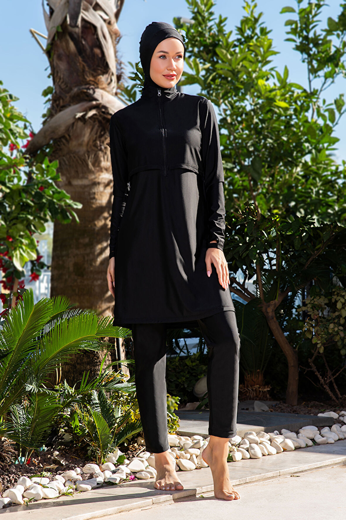 Likralı Tam Kapalı Tesettür Mayo 25204-1 Siyah | XXL