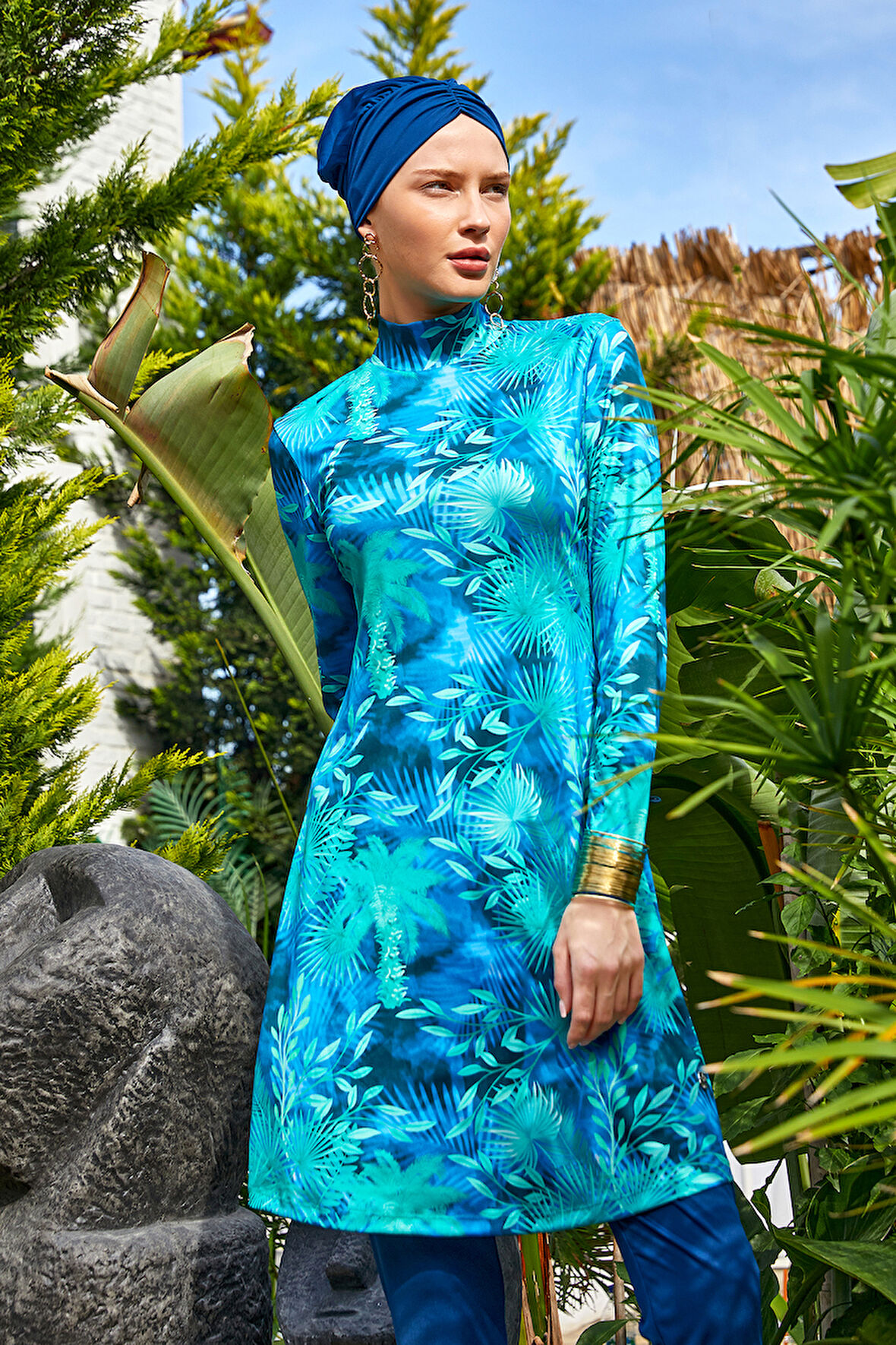 Likralı Tam Kapalı Tesettür Mayo Desenli 3102 Açık Lacivert | M