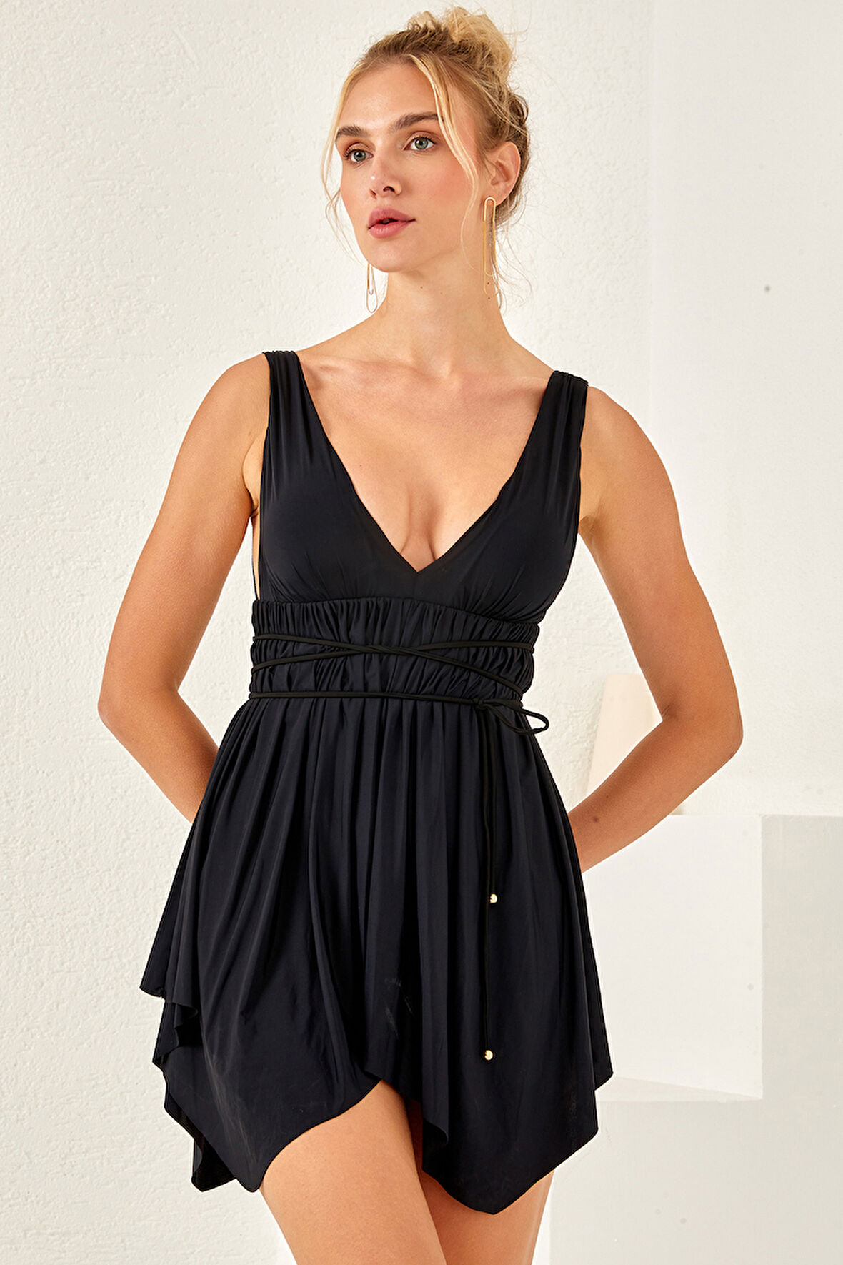 V Yaka Belden Bağlamalı Elbise Mayo Etekli Mayo Yüzücü Mayo 3580 Siyah | 36