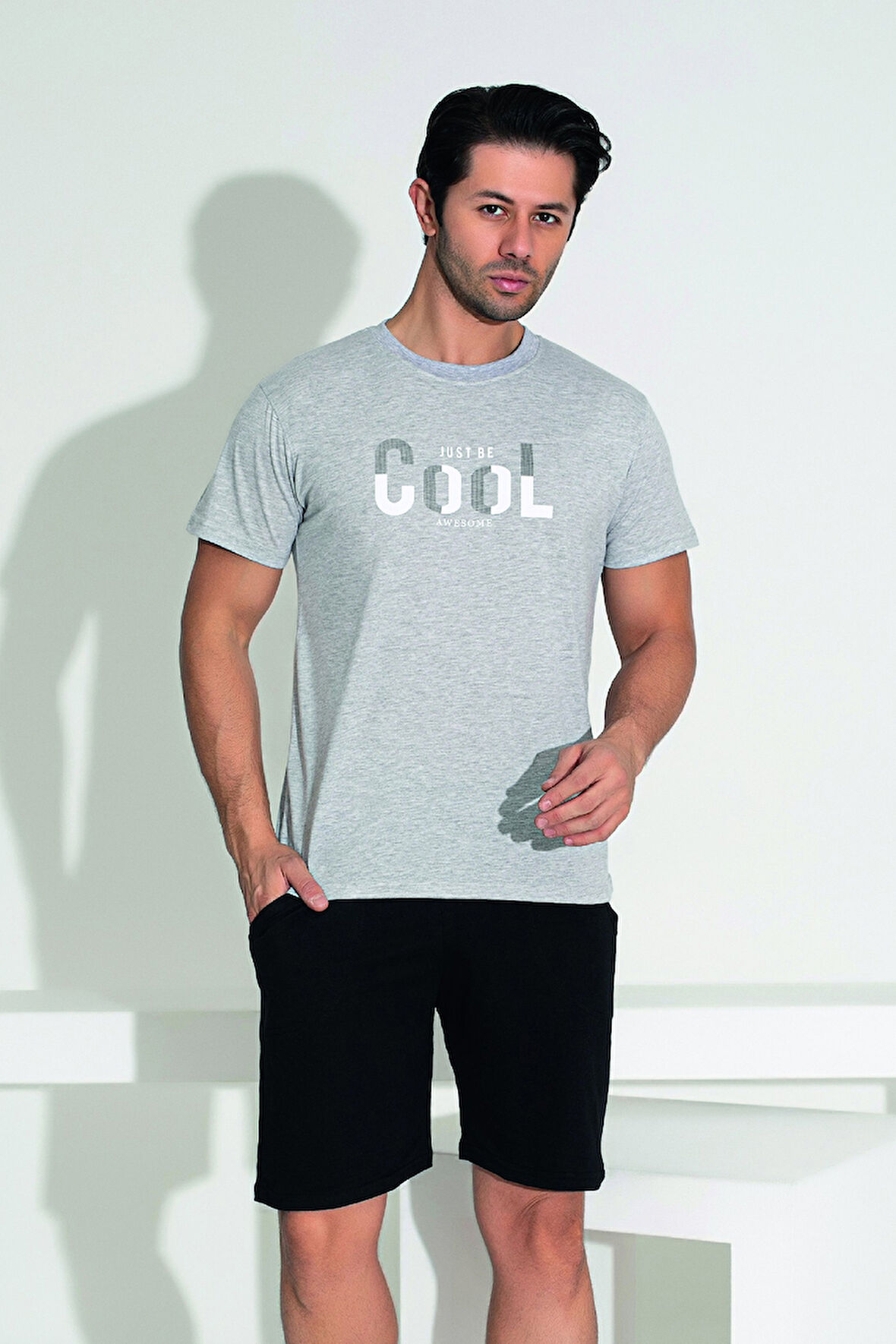 Erkek Şort Tshirt Pijama Takımı 25252 Gri | XL