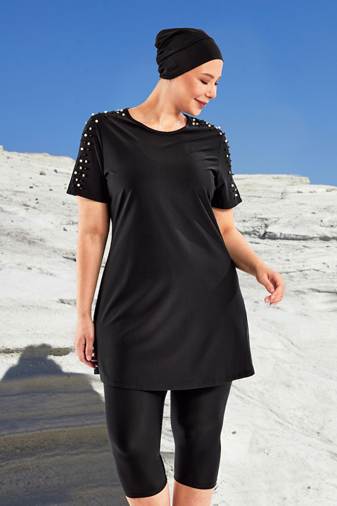 UV Korumalı Büyük Beden Yarı Kapalı Tesettür Mayo 1805 Siyah | 6XL