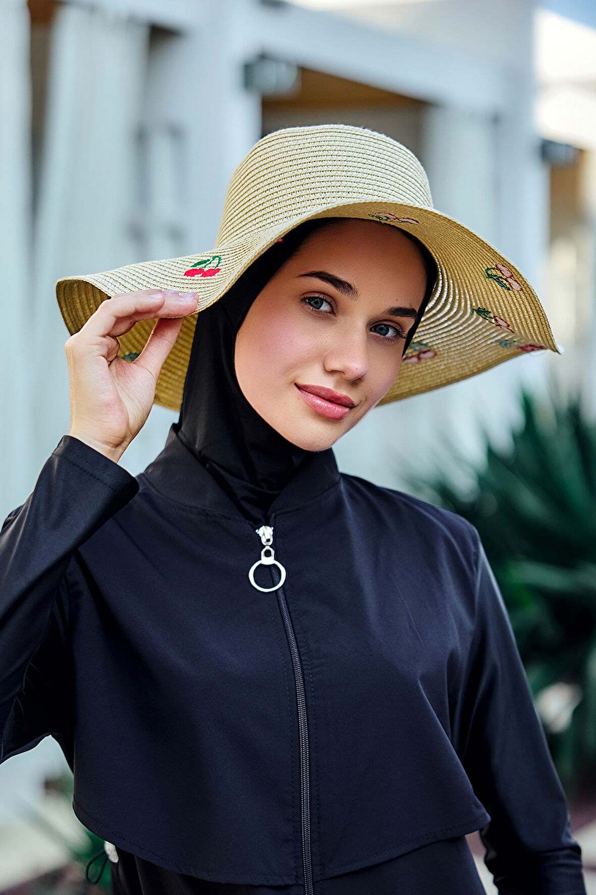 Kiraz Nakışlı Hasır Şapka Plaj Şapkası 2115 Bej | Standart