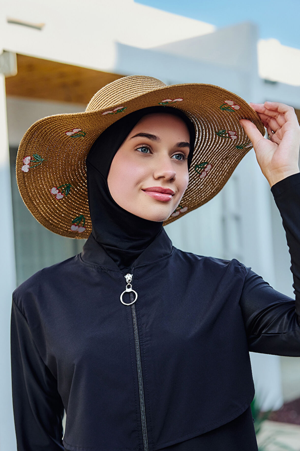 Kiraz Nakışlı Hasır Şapka Plaj Şapkası 2115 Camel | Standart