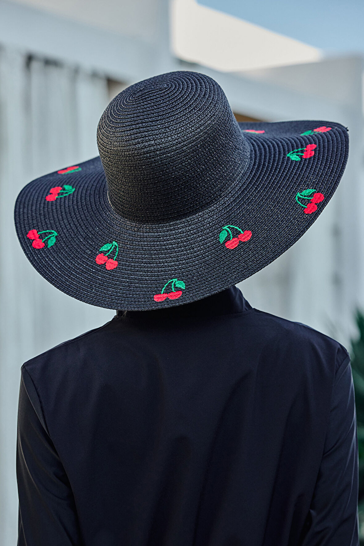 Kiraz Nakışlı Hasır Şapka Plaj Şapkası 2115 Siyah | Standart