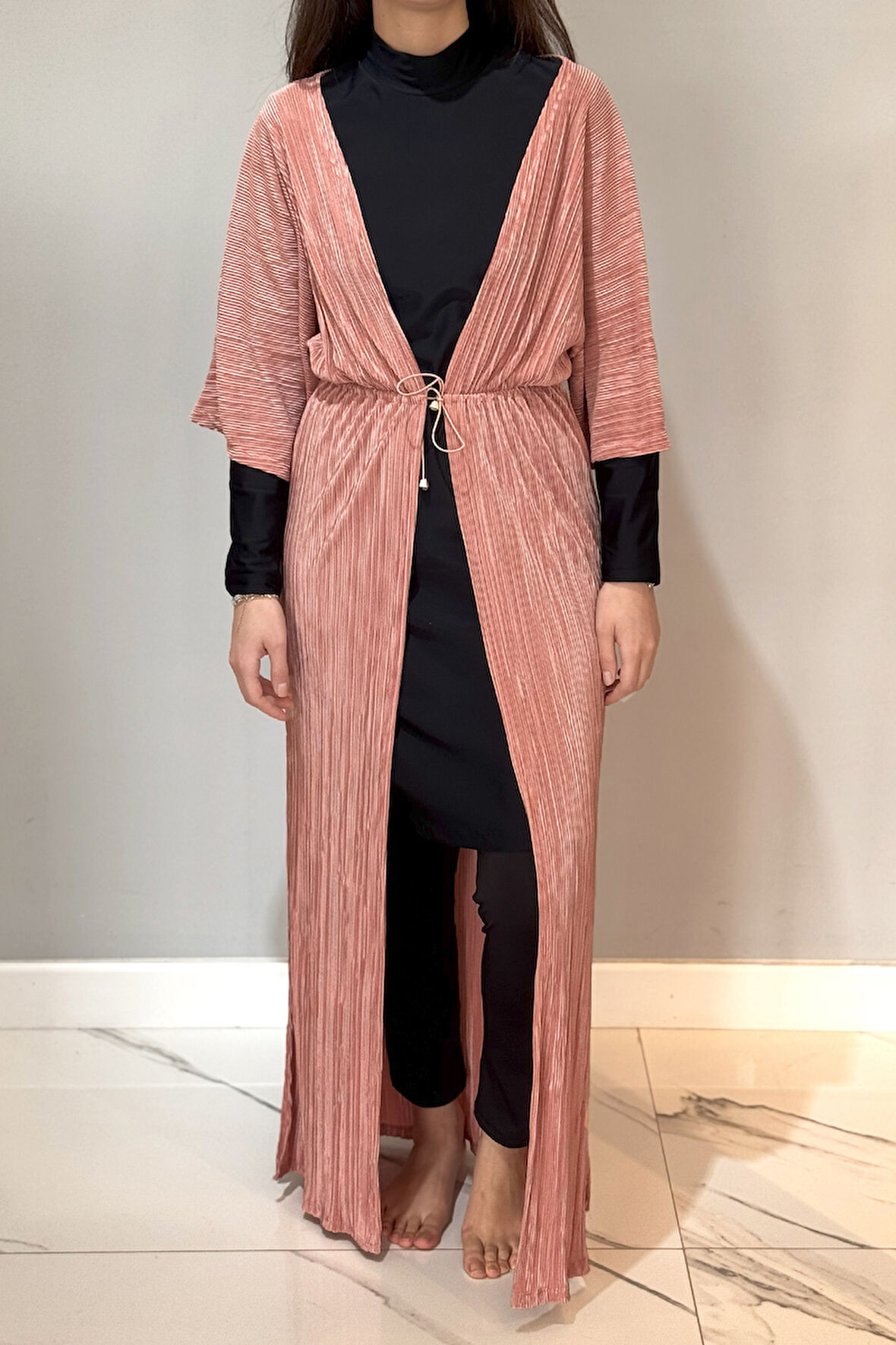 Piliseli Kimono Pareo Kaftan Bağlanabilir RPK004 Pudra | Standart