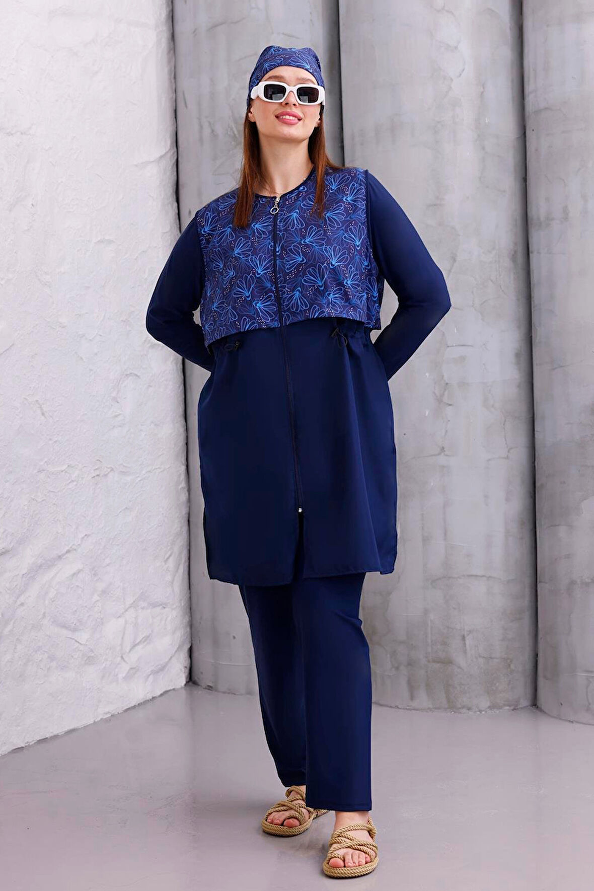 Büyük Beden Tam Kapalı Tesettür Mayo 2516 Gizem Çiçek Lacivert01 | 3XL