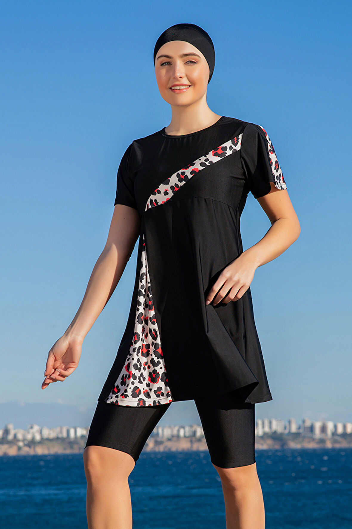 Lİkralı Kısa Kollu Yarı Kapalı Mayo 25222-1 Siyah | XL