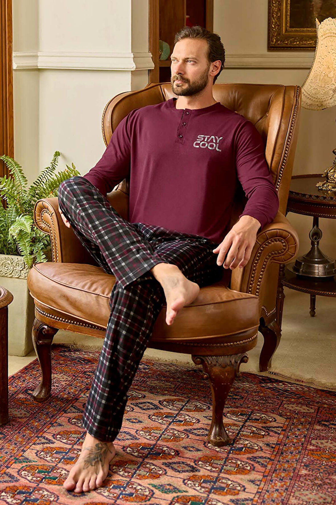 Erkek Aydoğan Pamuk Uzun Kol Pijama Takımı 240787 Bordo | XL